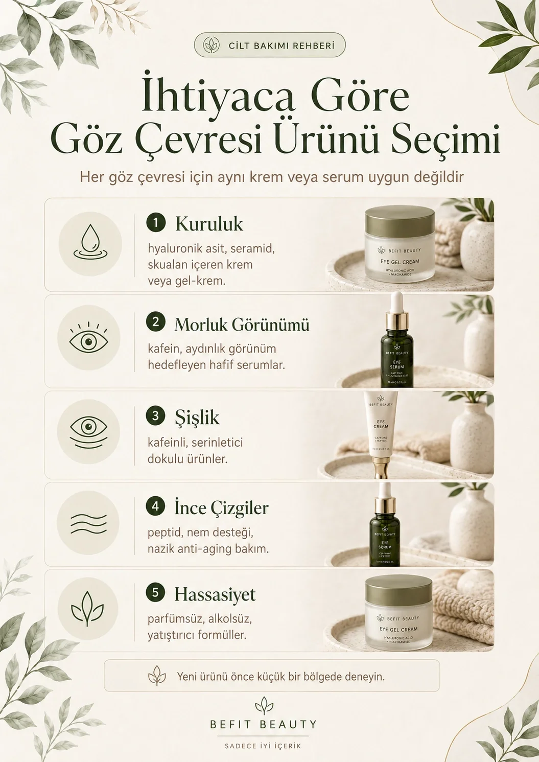 Kuruluk, morluk, şişlik, ince çizgi ve hassasiyet ihtiyacına göre göz çevresi ürünü seçimini gösteren infografik