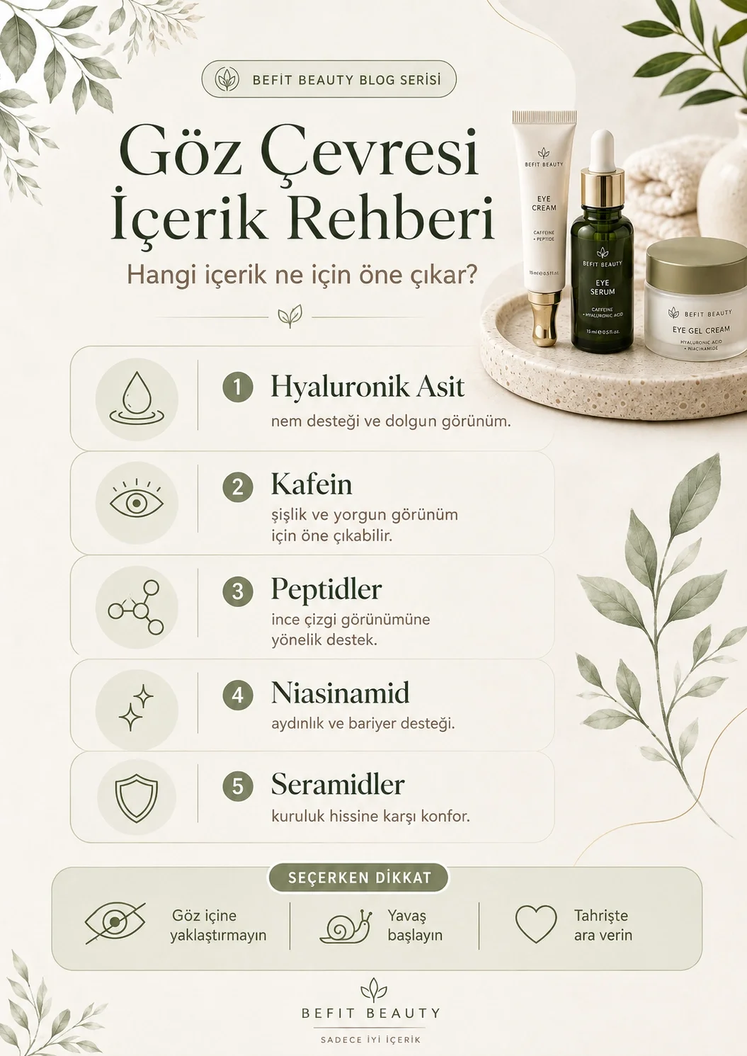 Hyaluronik asit, kafein, peptitler, niasinamid ve seramid içeren göz çevresi bakım içerikleri infografiği