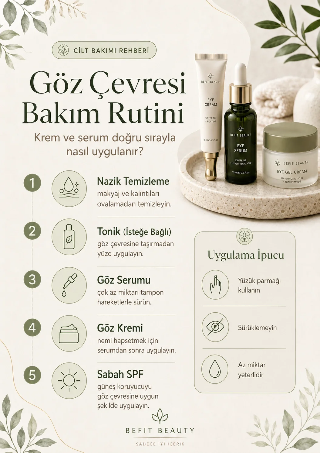 Göz çevresi serumu, kremi ve güneş koruyucu uygulama sırasını gösteren bakım rutini infografiği