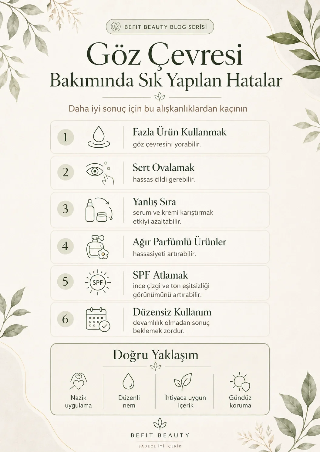 Fazla ürün, sert ovalama, yanlış uygulama sırası, parfümlü ürün ve güneş koruyucu kullanmama gibi göz çevresi bakım hataları