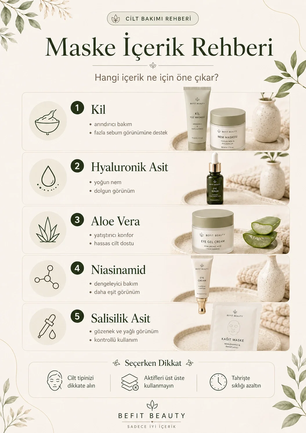 Kil, hyaluronik asit, aloe vera, niasinamid ve salisilik asit içeren yüz maskesi içerik rehberi
