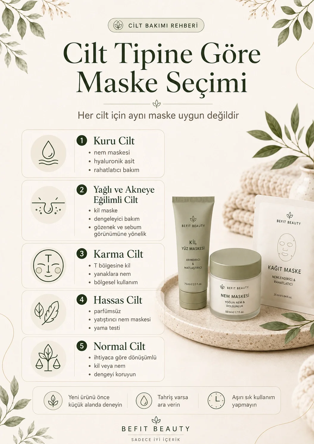 Kuru, yağlı, akneye eğilimli, karma, hassas ve normal cilt için yüz maskesi seçimi infografiği