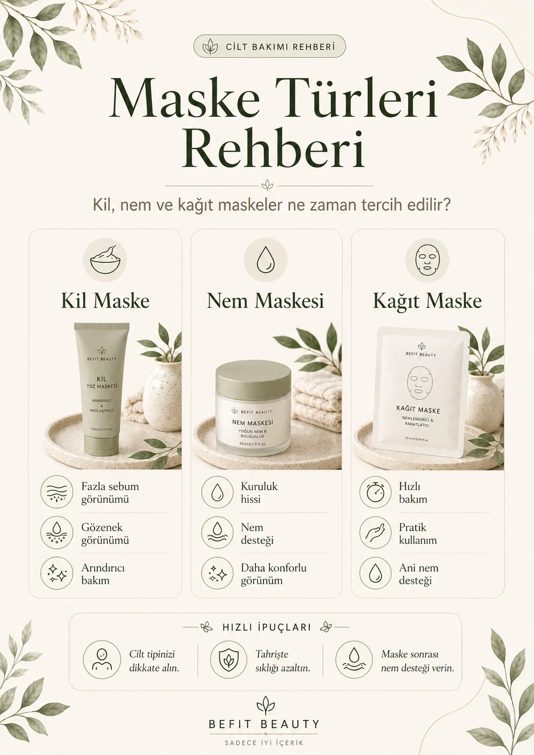 Kil maskesi, nem maskesi ve kağıt maske arasındaki farkları gösteren infografik