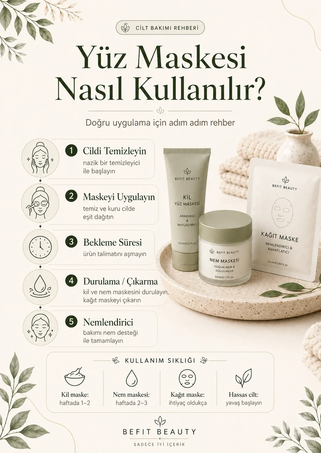 Yüz maskesinin temizleme, uygulama, bekletme, durulama ve nemlendirme adımlarını gösteren infografik