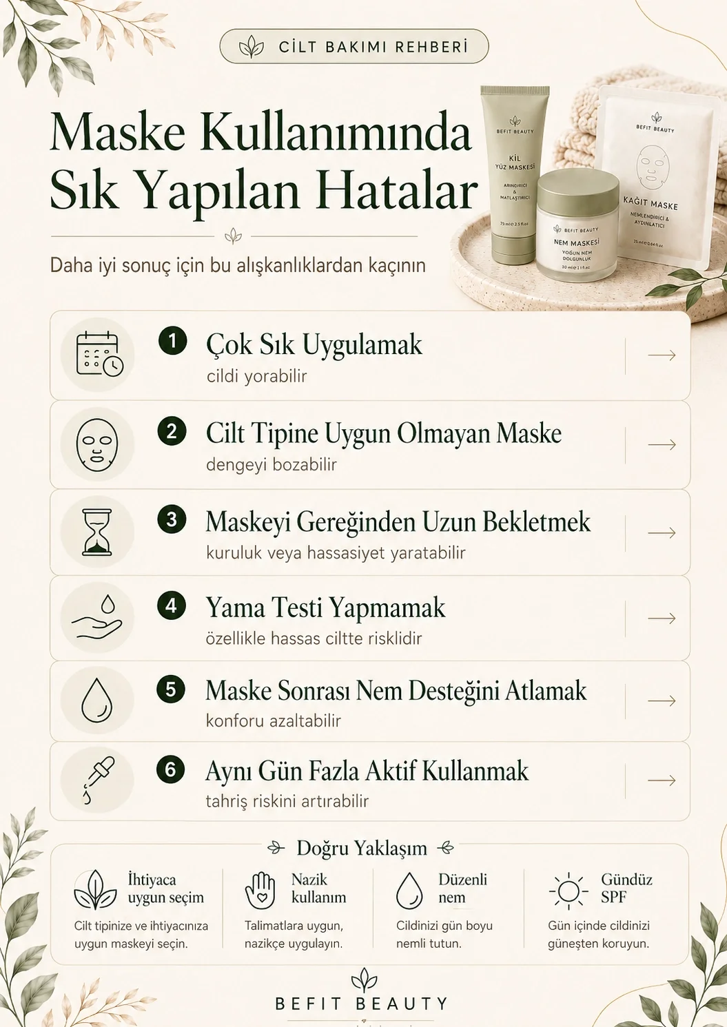 Yüz maskesini çok sık kullanmak, uzun bekletmek ve yanlış cilt tipine uygulamak gibi maske kullanım hataları