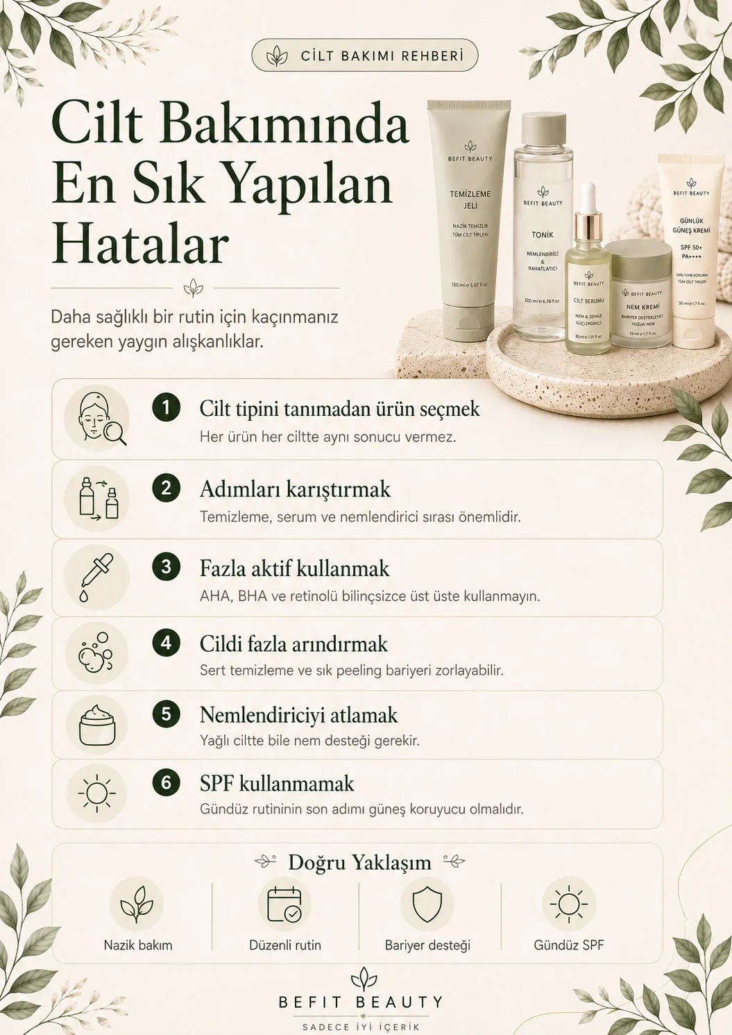 Yanlış ürün seçimi, bakım sıralamasını karıştırma, fazla aktif kullanma ve güneş koruyucu kullanmama gibi cilt bakım hataları