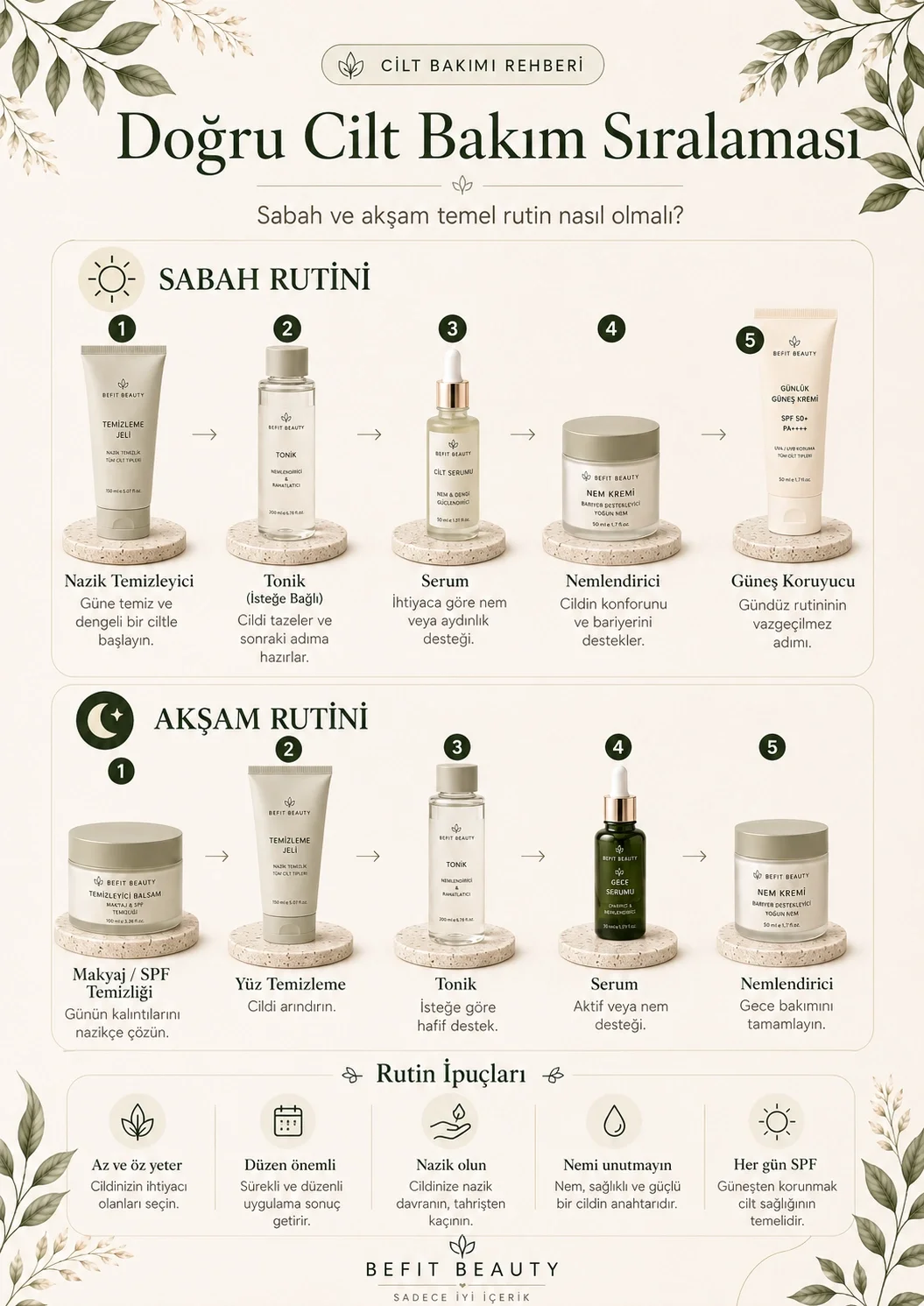 Sabah ve akşam doğru cilt bakım sıralamasını gösteren infografik