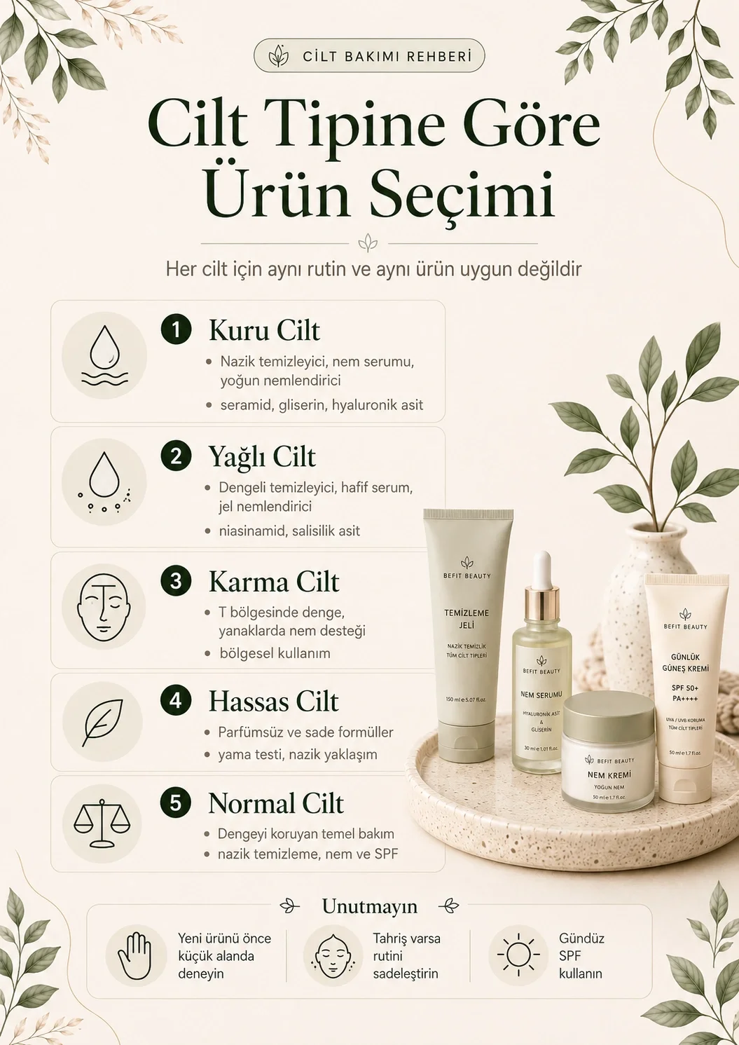 Kuru, yağlı, karma, hassas ve normal cilde göre ürün seçimini gösteren infografik