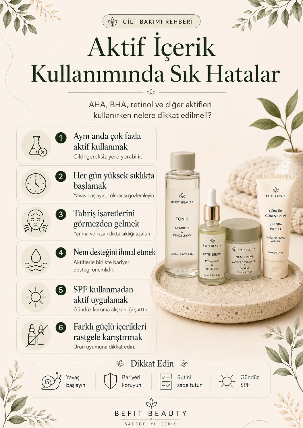 AHA, BHA, retinol ve diğer aktif içeriklerin kullanımında yapılan hataları gösteren infografik