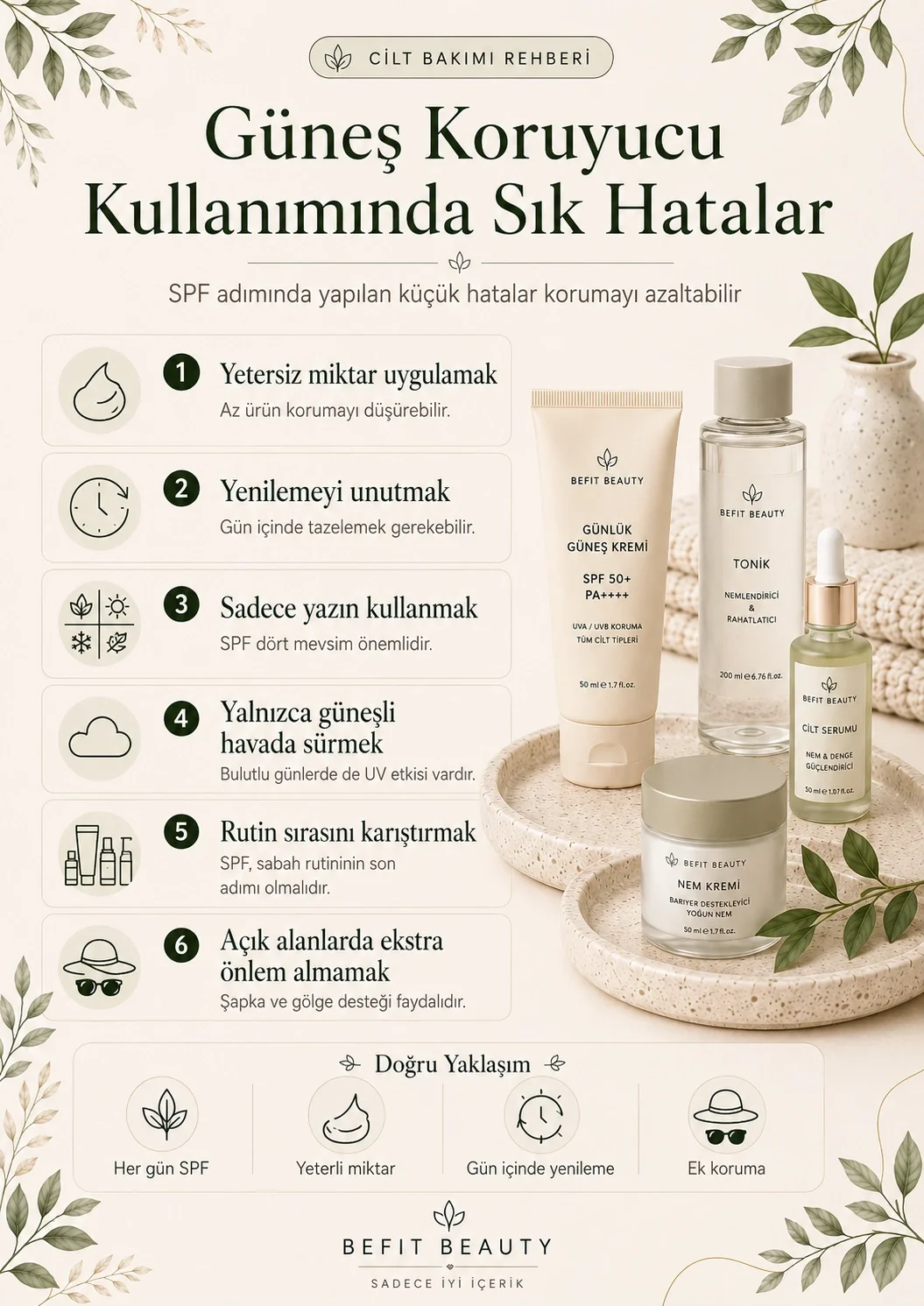 Güneş koruyucuyu az uygulamak, yenilememek ve yalnızca yazın kullanmak gibi SPF hataları