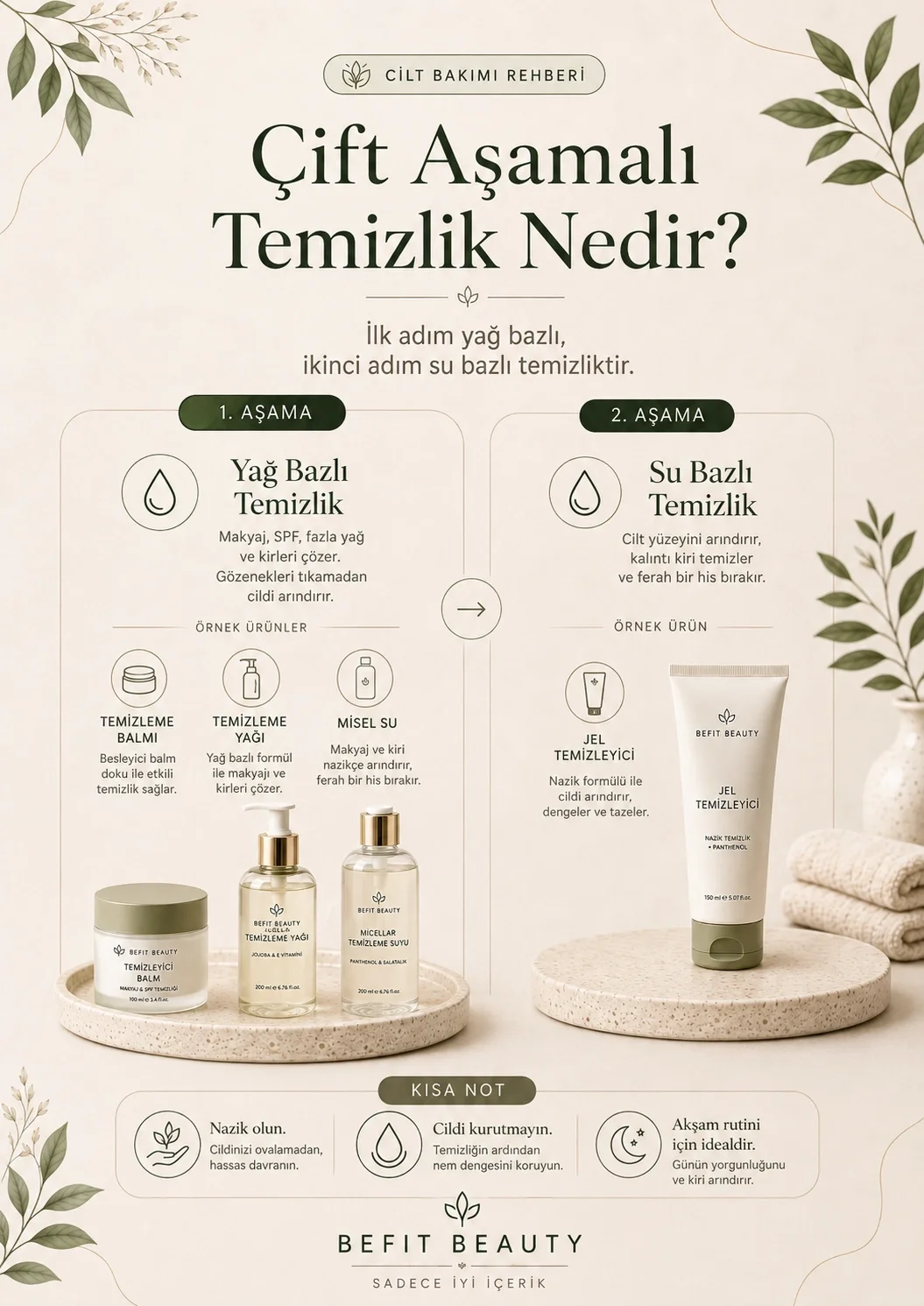 Yağ bazlı ilk adım ve su bazlı ikinci adımdan oluşan çift aşamalı temizlik infografiği