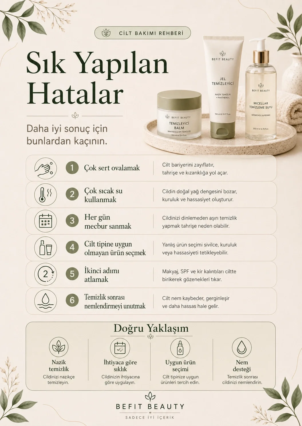 Çift aşamalı temizlikte sert ovalama, sıcak su ve yanlış ürün seçimi gibi sık yapılan hatalar infografiği