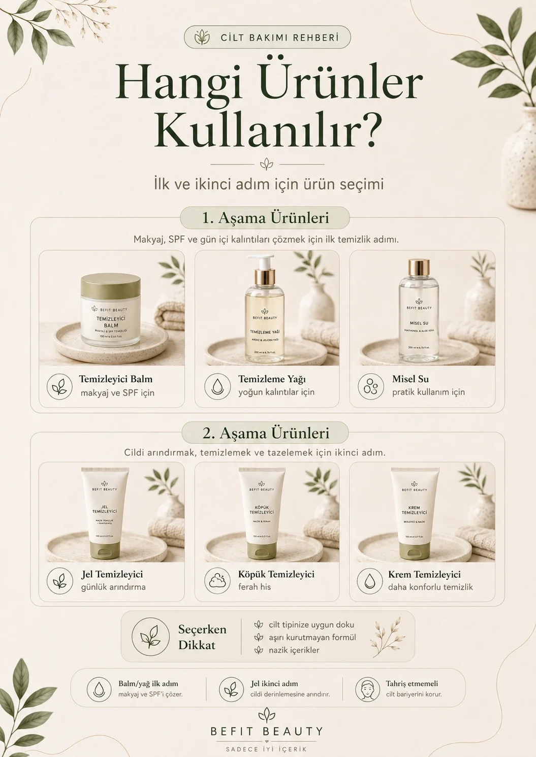 Çift aşamalı temizlikte balm, yağ, misel su, jel, köpük ve krem temizleyici seçimini gösteren infografik