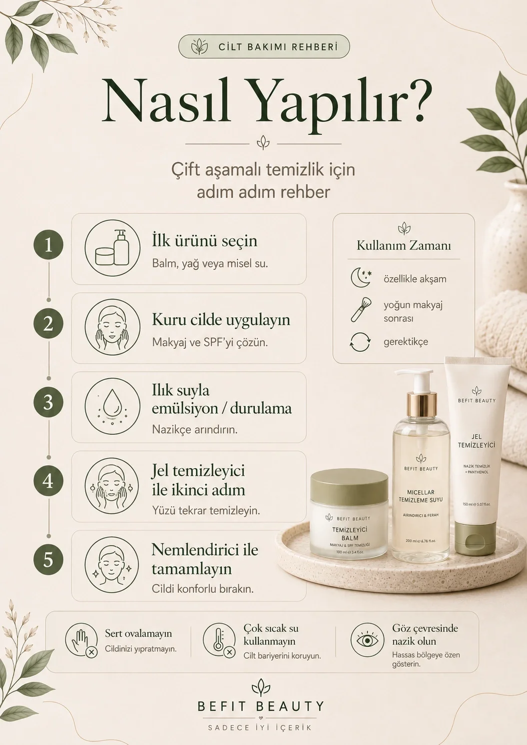 Çift aşamalı temizliğin balm veya yağ, emülsiyon, jel temizleyici ve nemlendirici adımlarını gösteren infografik