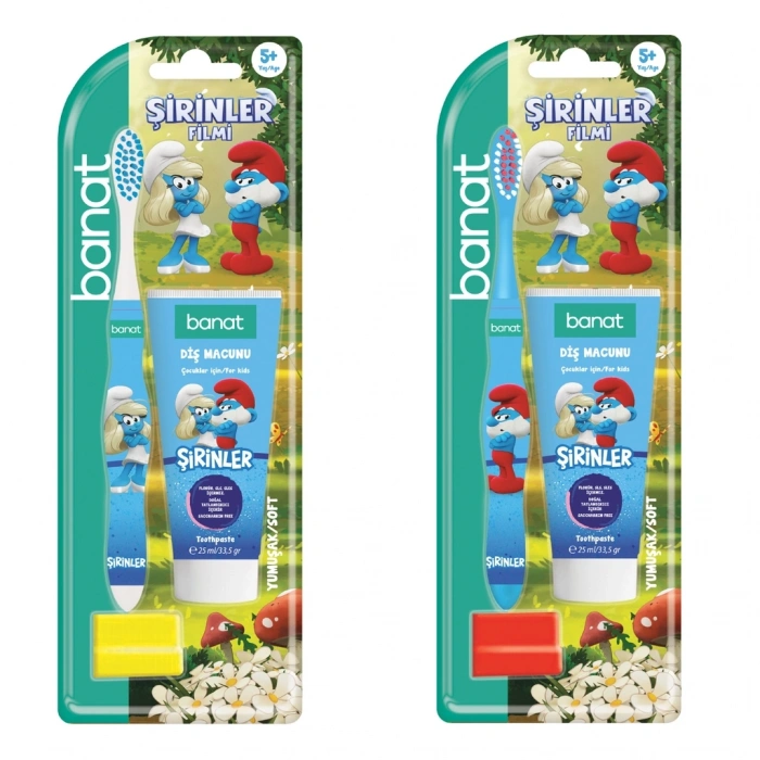 Banat Şirinler Smurfs Lisanslı Ağız Bakım Seti (Diş Macunu 25 ml + Diş Fırçası + Kep) (Asortili)
