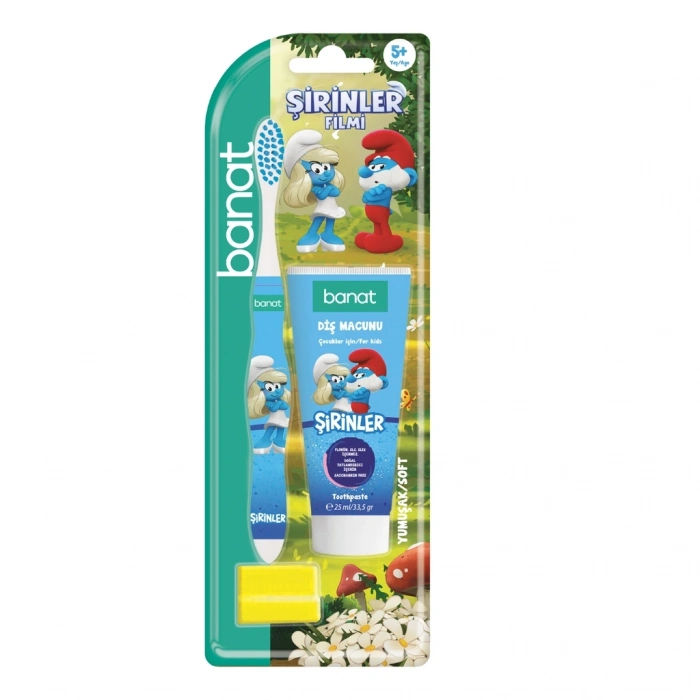 Banat Şirinler Smurfs Lisanslı Ağız Bakım Seti (Diş Macunu 25 ml + Diş Fırçası + Kep) (Asortili)