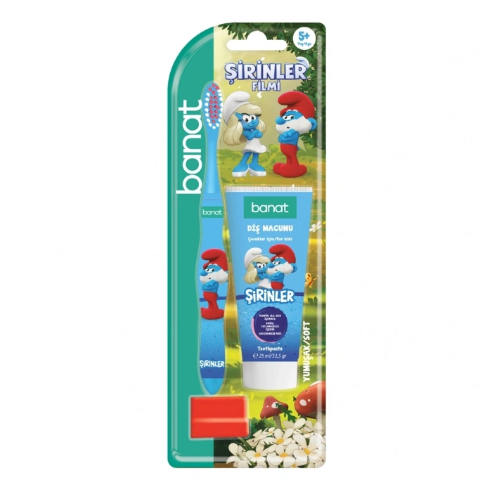 Banat Şirinler Smurfs Lisanslı Ağız Bakım Seti (Diş Macunu 25 ml + Diş Fırçası + Kep) (Asortili)