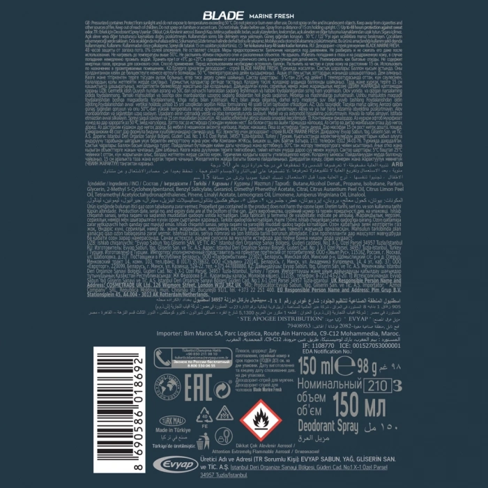 Blade Marine Fresh Erkek Deodorant Sprey 150 ml