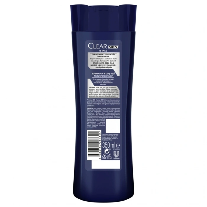 Clear Men 3 in 1 Şampuan & Duş Jeli Arındırıcı Kömür 350 ml