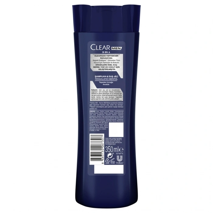 Clear Men 3 in 1 Şampuan & Duş Jeli Ferahlatıcı Mentol 350 ml
