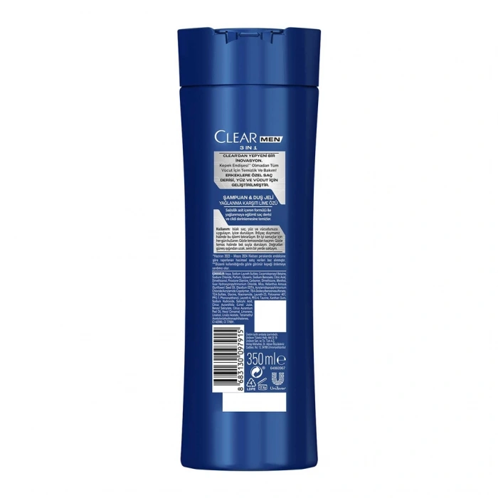 Clear Men 3in1 Yağlanma Karşıtı Lime Özü Şampuan & Duş Jeli 350 ml