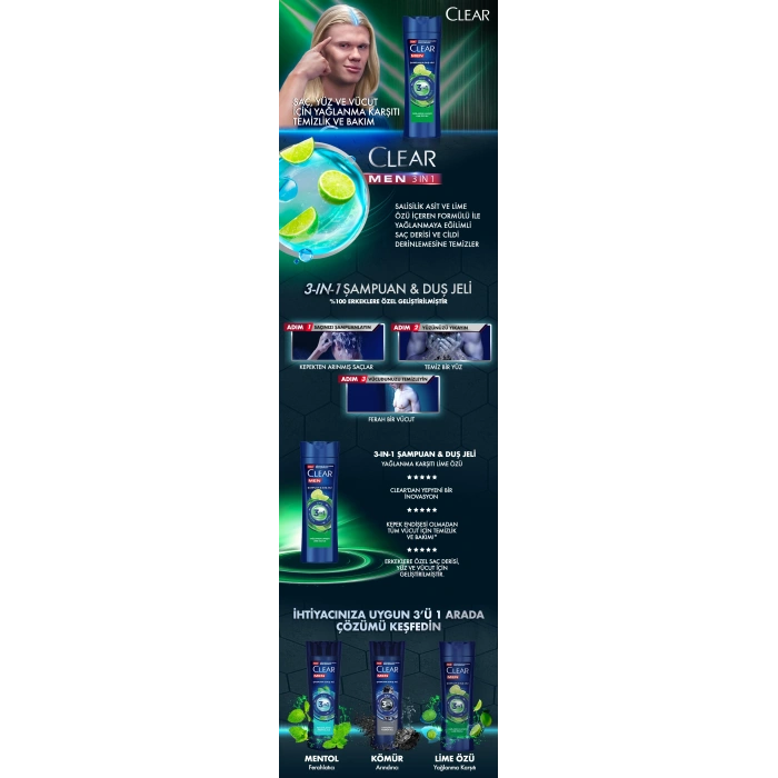 Clear Men 3in1 Yağlanma Karşıtı Lime Özü Şampuan & Duş Jeli 350 ml
