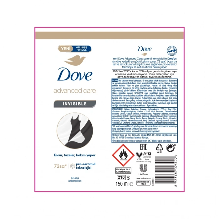 Dove Kadın Sprey Deodorant 1/4 Nemlendirici Krem Invisible Dry 150 ml