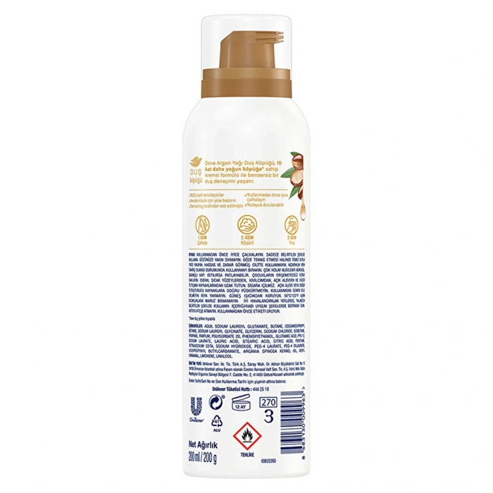 Dove Köpük Duş Jeli Argan Yağı 10 Kat Daha Yoğun Köpüğe Sahip Kremsi Formül 200 ml