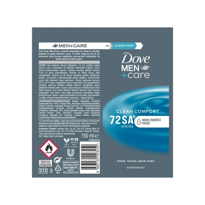 Dove Men Care Sprey Deodorant 1/4 Nemlendirici Krem Clean Comfort 150 ml