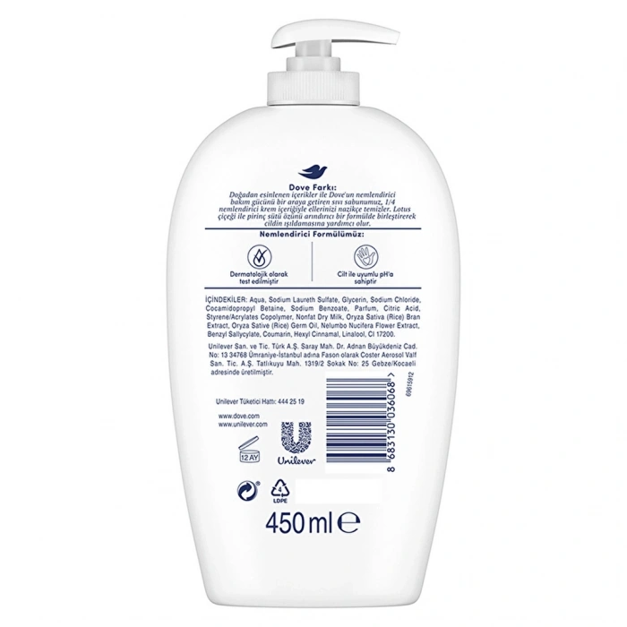 Dove Nemlendirici Sıvı Sabun Lotus Çiçeği ve Pirinç Sütü Özü 450 ml