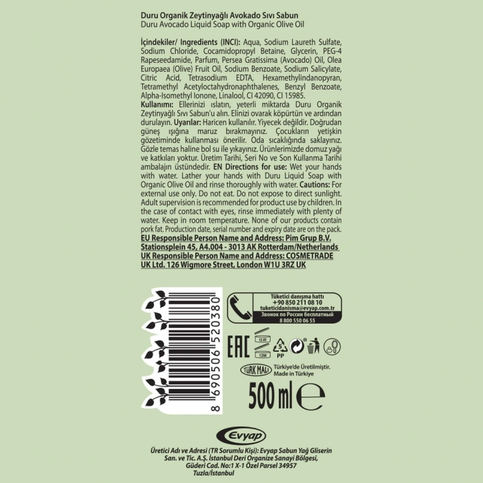 Duru Avokado Organik Zeytinyağlı Sıvı Sabun 500 ml
