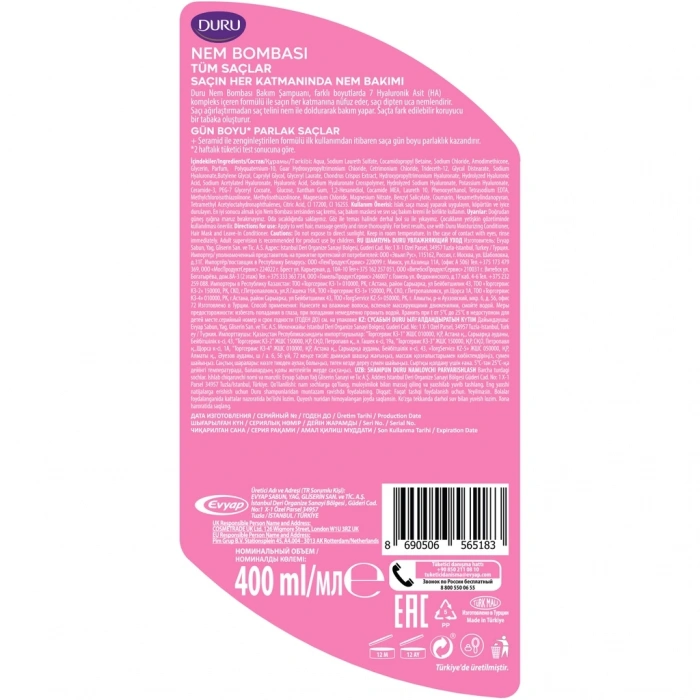 Duru Nem Bombası Güçlü & Parlak Şampuan 400 ml