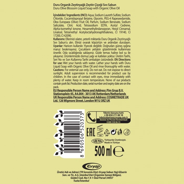 Duru Zeytin Çiçeği Organik Zeytinyağlı Sıvı Sabun 500 ml