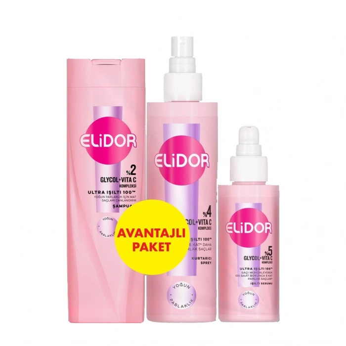 Elidor Ultra Işıltı Saç Bakım Seti (Şampuan 200 ml + Kurtarıcı Sprey 200 ml + Işıltı Serumu 90 ml)