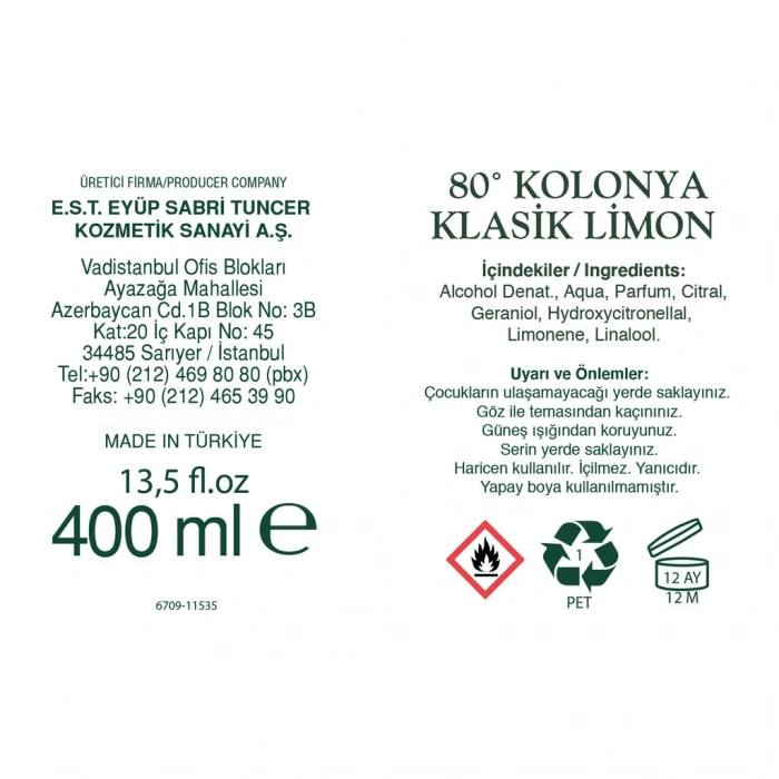 Eyüp Sabri Tuncer Klasik Limon Kolonya 400 ml