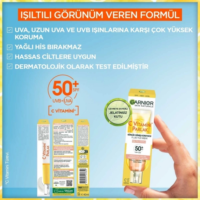 Garnier C Vitamini Parlak Günlük Güneş Koruyucu Fluid SPF50 Işıltılı Doku 40 ml