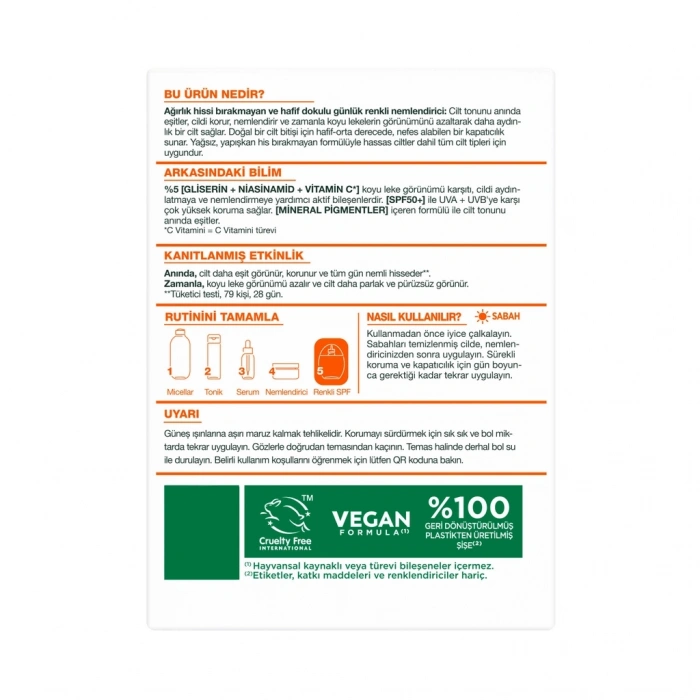 Garnier C Vitamini Wonder Tint 3 Etki 1 Arada 50+SPF Renkli Nemlendirici Yüz Güneş Kremi 40 ml Açık Ton