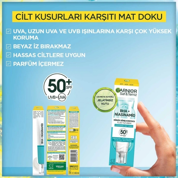 Garnier Saf ve Temiz BHA Niacinamide Günlük Güneş Koruyucu Fluid SPF50 40 ml