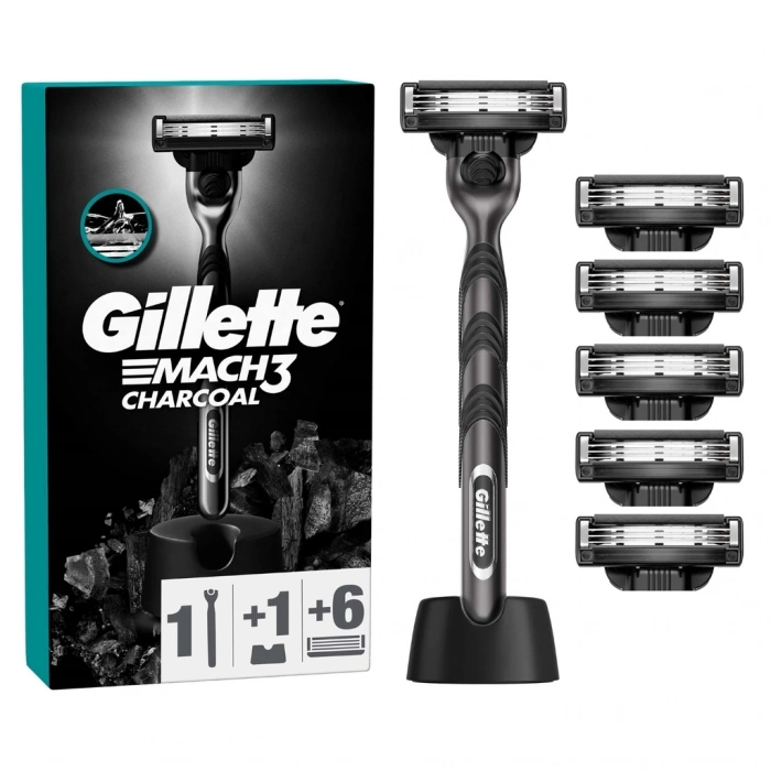 Gillette Mach3 Charcoal Tıraş Makinesi + 5 Yedek Bıçağı + Premium Stand Hediyeli Paket