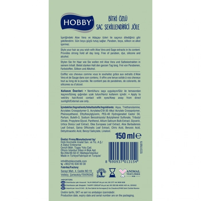 Hobby Bitki Özlü Saç Şekillendirici Jöle Aloe Vera & Ada Çayı 150 ml