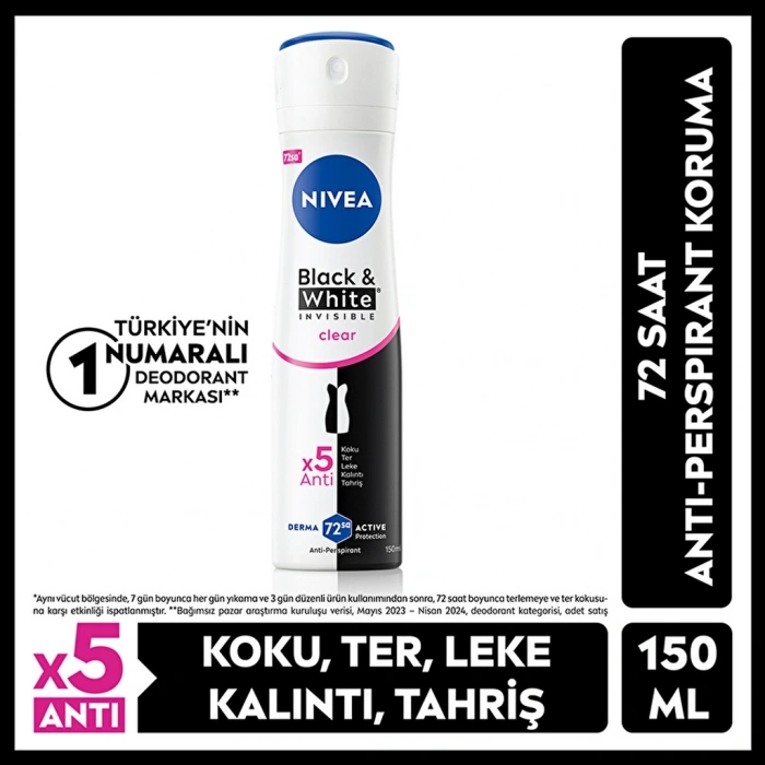 Nivea Kadın Sprey Deodorant Black & White Clear 150 ml 72 Saat Anti-perspirant