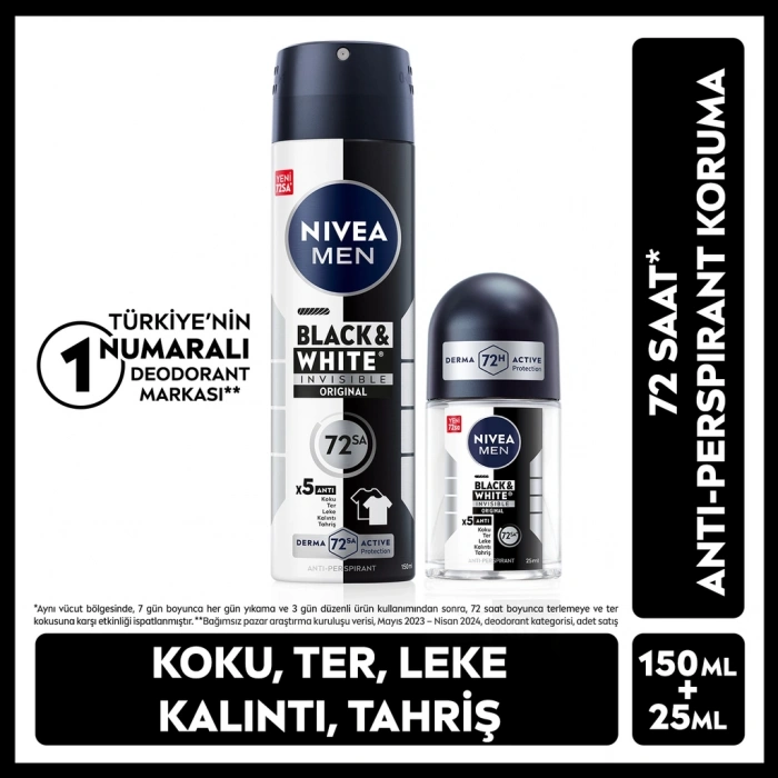 Nivea Men Black & White Invisible Erkek Deodorant Sprey 150 ml + Roll-on 25 ml