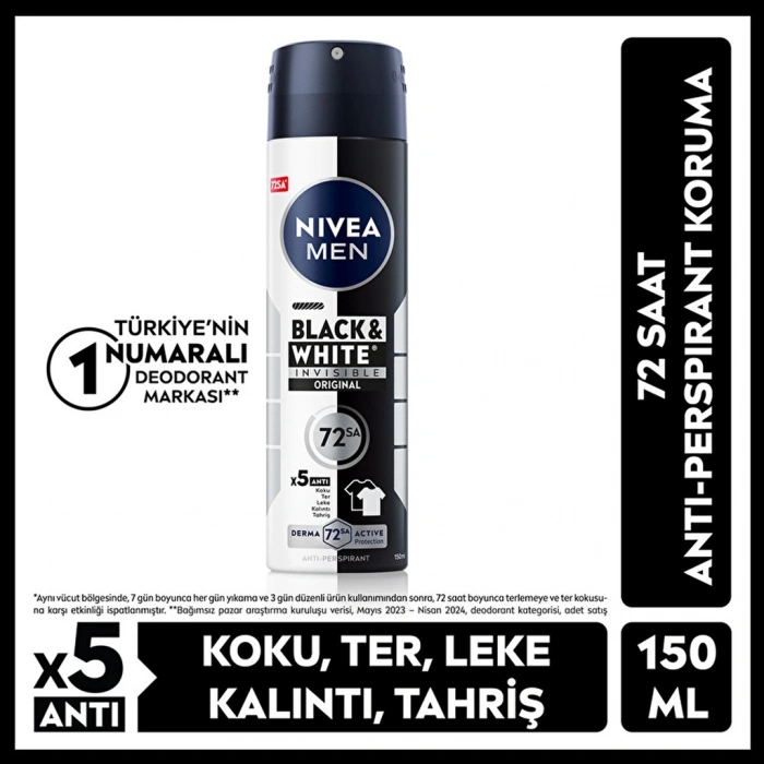 Nivea Men Erkek Sprey Deodorant Black & White Insible Original 150 ml 72 Saat Anti-perspirant