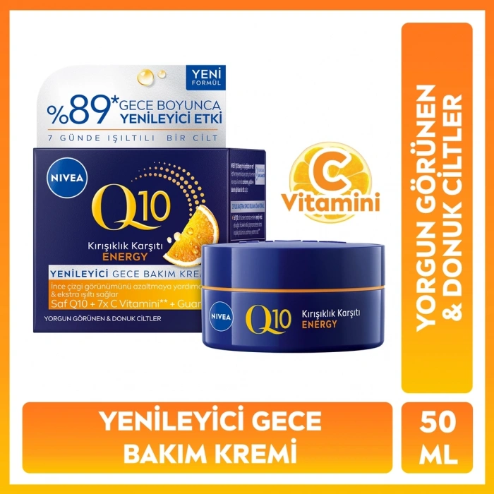 Nivea Q10 Energy C Vitamini Kırışıklık Karşıtı Nemlendirici Gece Bakım Kremi 50 ml