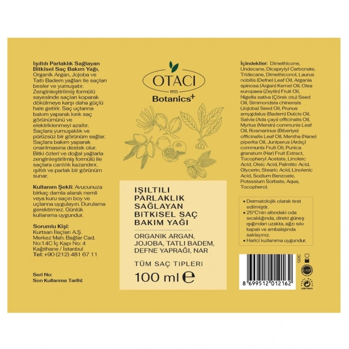Otacı Botanics Işıltılı Parlaklık Sağlayan Bitkisel Saç Bakım Yağı 100 ml