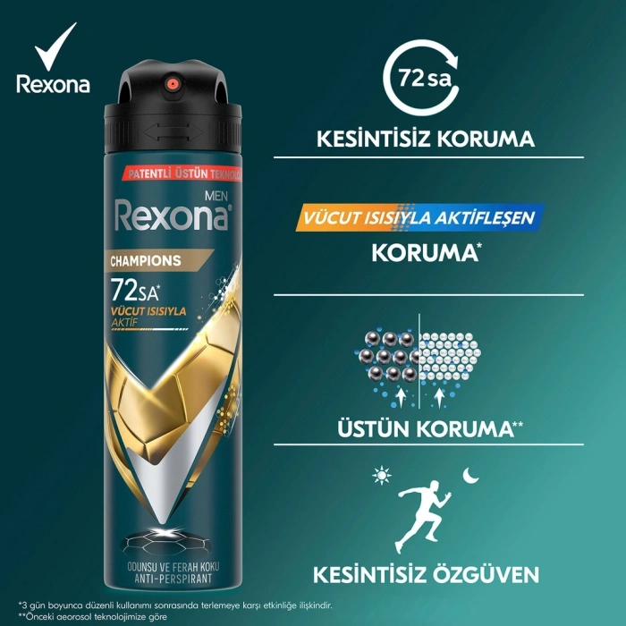 Rexona Men Erkek Sprey Deodorant Champions 72 Saat Kesintisiz Koruma 150 ml