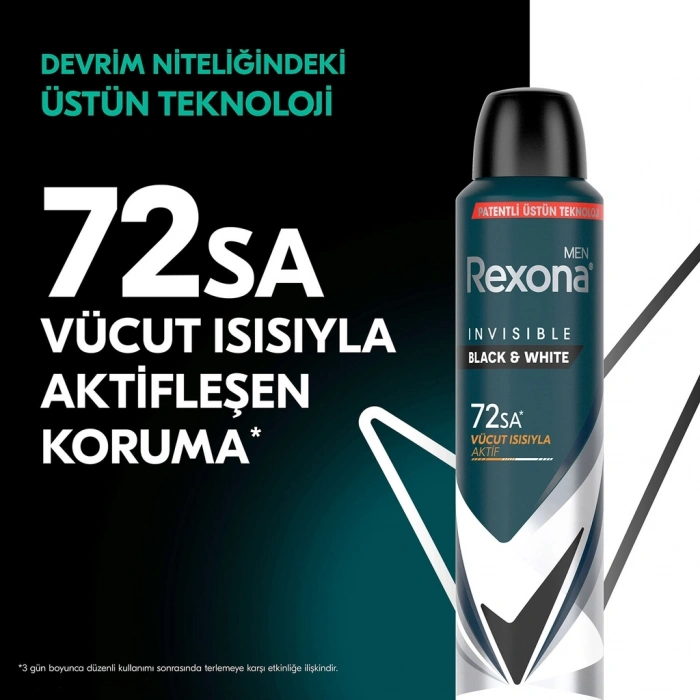 Rexona Men Erkek Sprey Deodorant Invisible Black & White 72 Saat Kesintisiz Koruma 200 ml