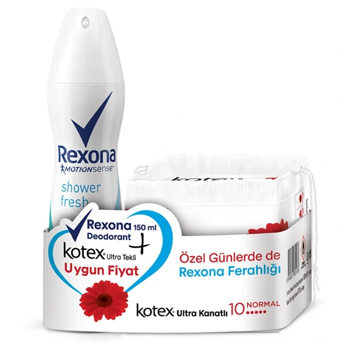 Rexona Shower Fresh Kadın Deodorant Sprey 150 ml + Kotex Ultra Tekli Normal Hijyenik Ped 10lu