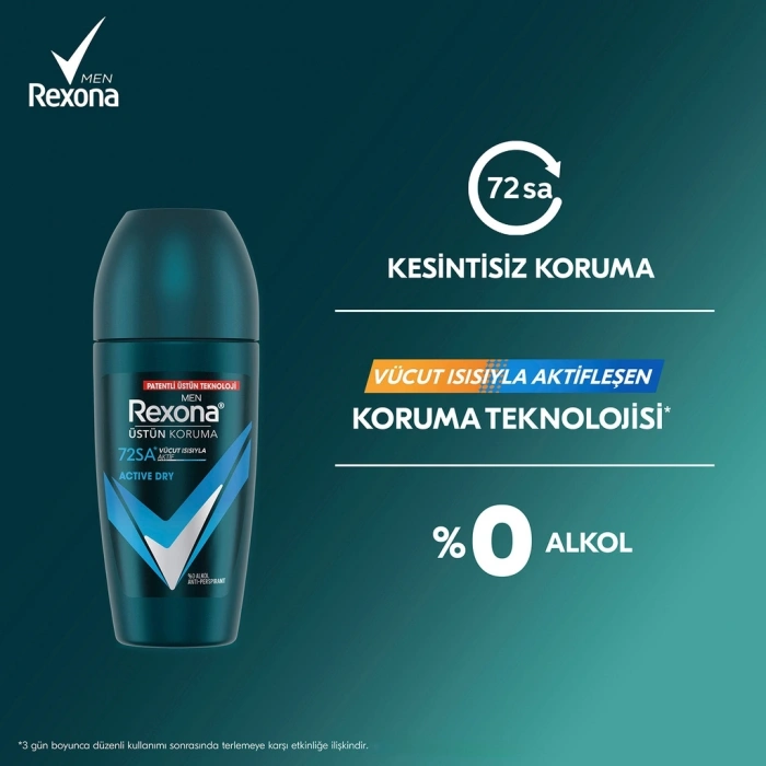 Rexona Üstün Koruma Erkek Roll On Deodorant Active Dry 72 Saat Kesintisiz Koruma 50 ml