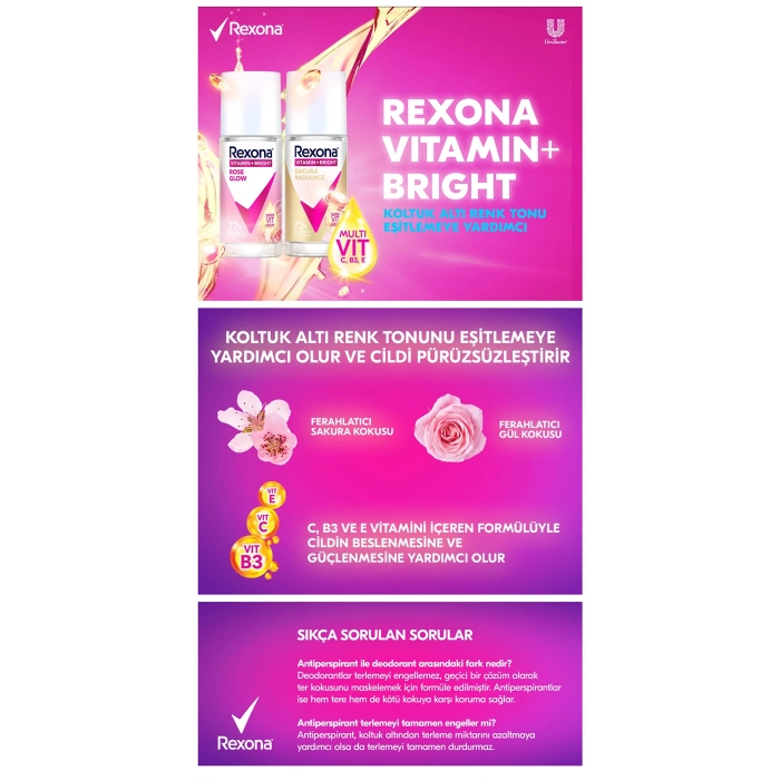 Rexona Vitamin + Bright Kadın Roll On Deodorant Rose Glow 45 ml